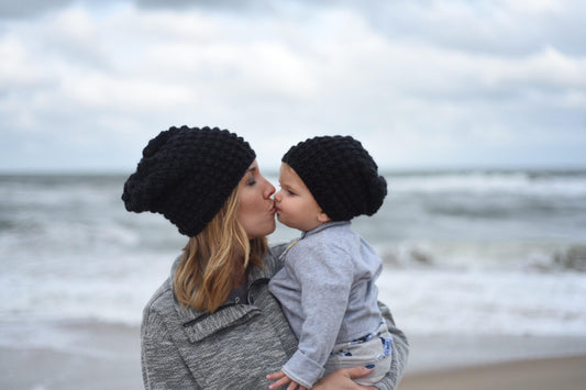 Mommy and Me Puff Stitch Crochet Slouchy Hat Set